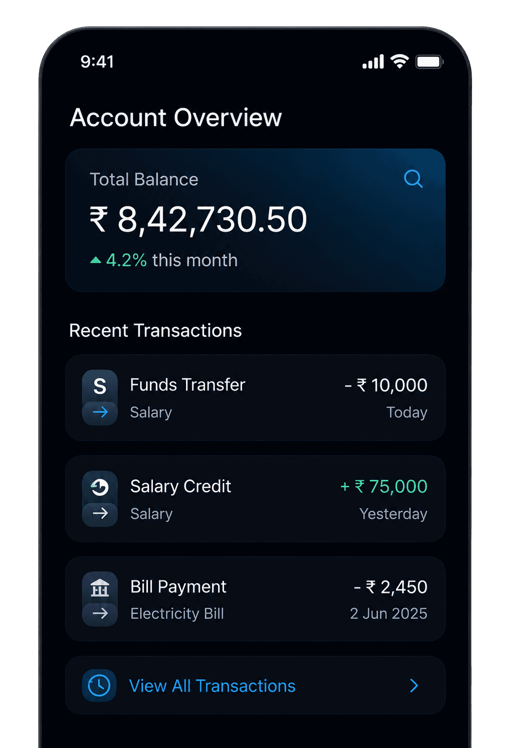 A banking app showing an account balance and recent transactions