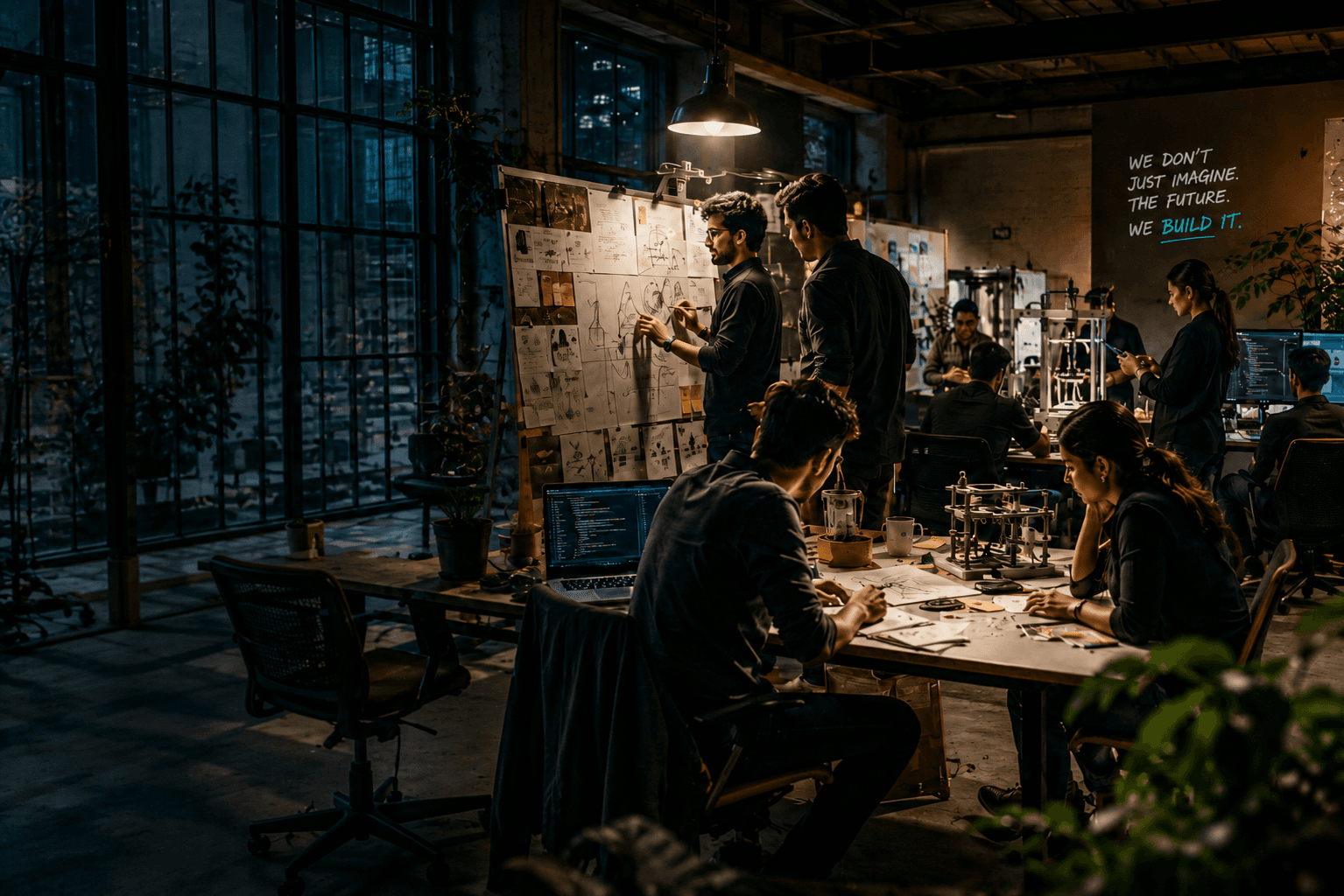 A product team working late around a shared table, planning wall behind them