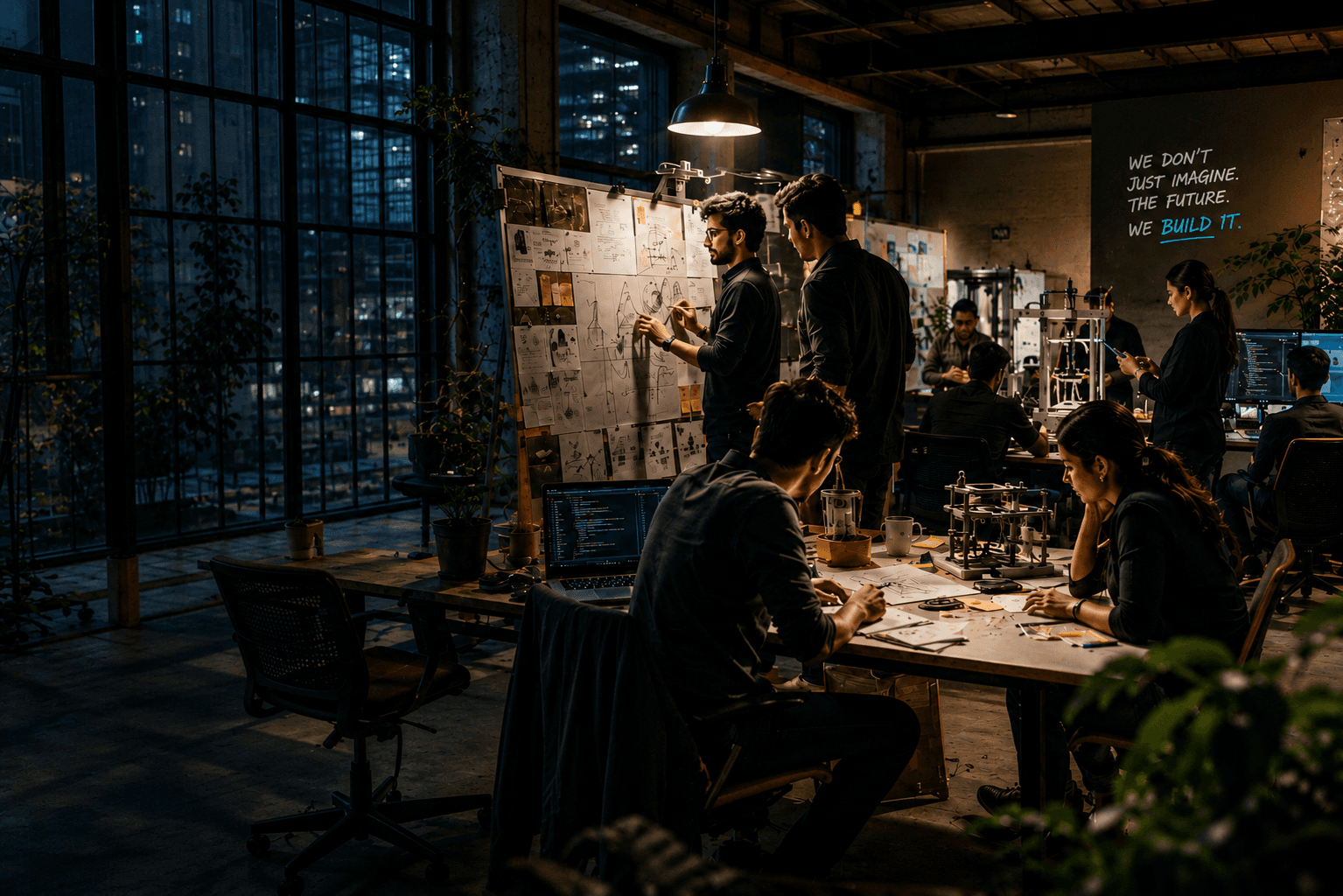 A team comparing notes across a shared desk